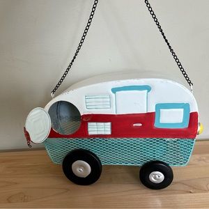 Vintage Blue White Red Camper Metal Handing Birdhouse